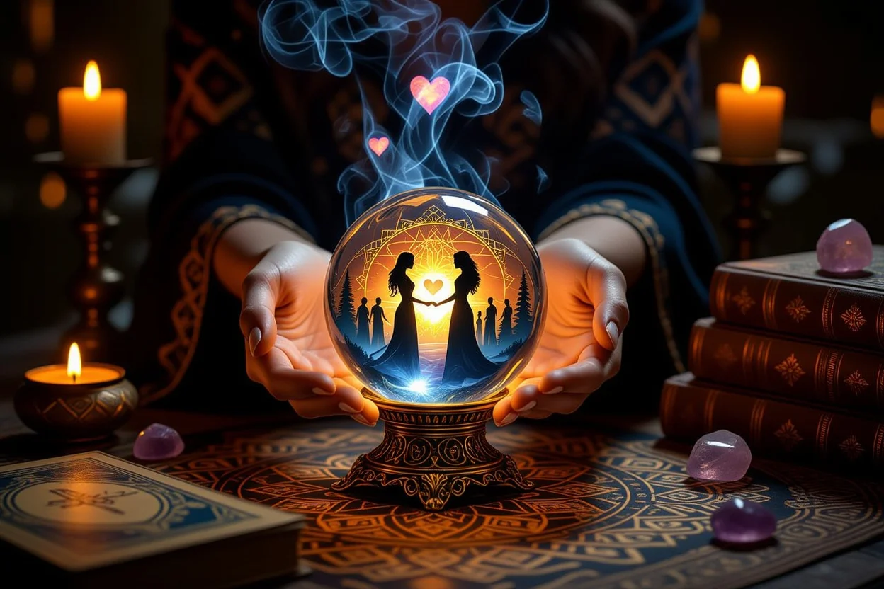恋愛関係の洞察を得るためのタロット占いと水晶玉占いの神秘的なシーン