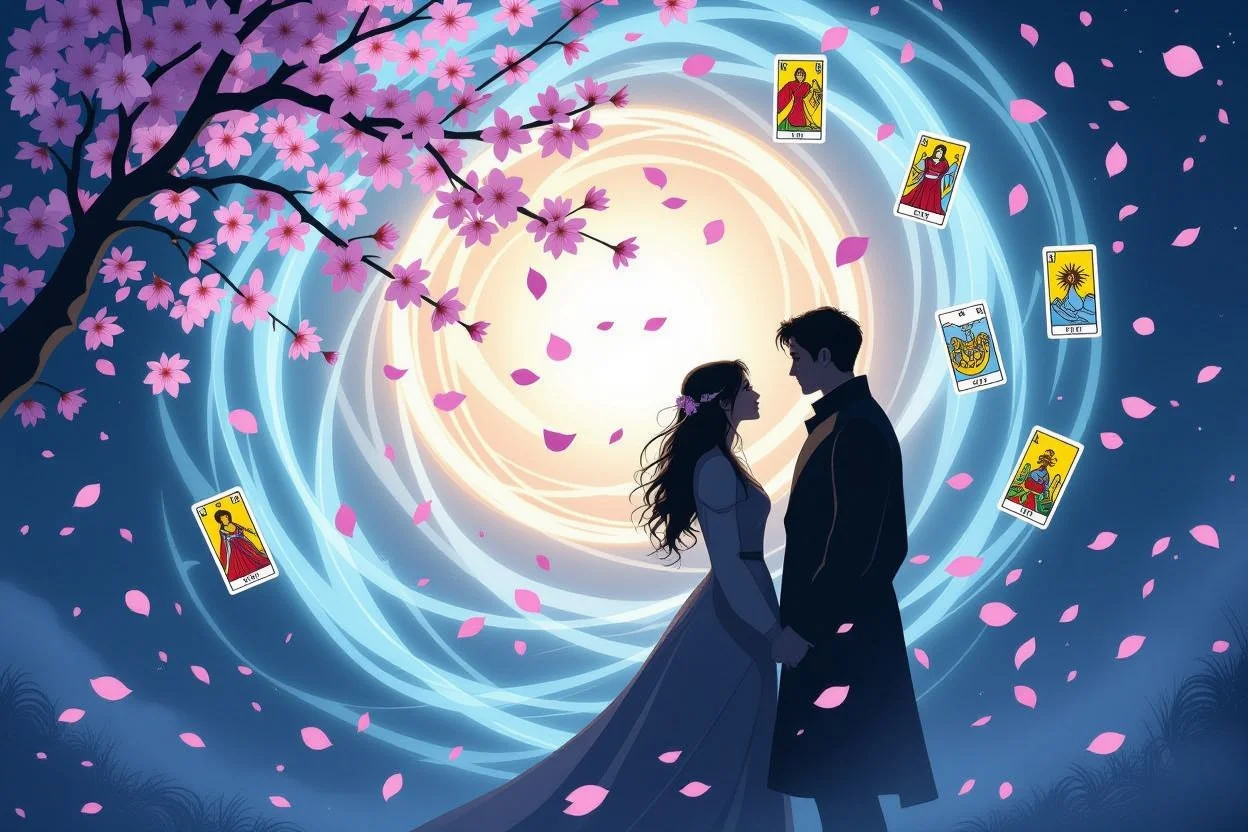 関係の壁を乗り越える恋人たちとタロットカードの幻想的なイメージ