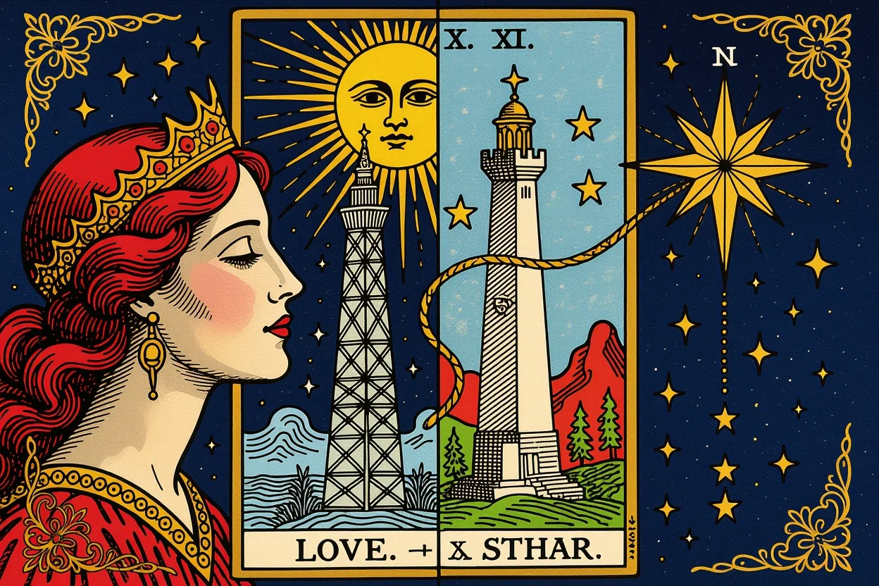 表面的な恋愛と深層心理的な恋愛の対比を表現したタロットアート