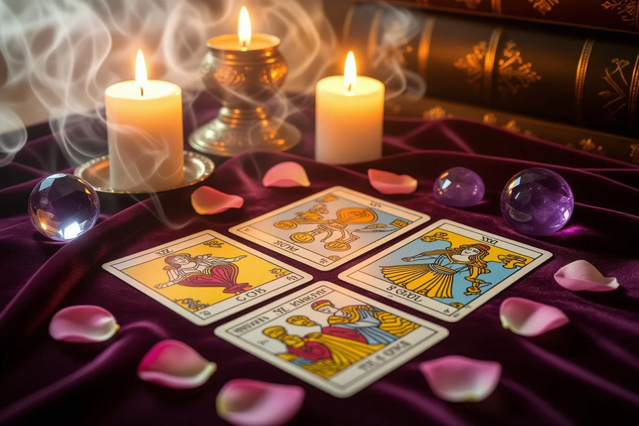 恋愛タロットカード占いの神秘的なリーディングシーン、カップとペンタクルのカードが美しく配置された画像