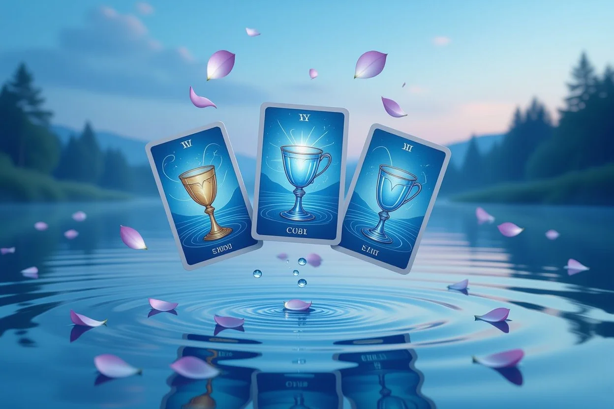 カップのスートタロットカードと水のエレメントを表現した美しいアートイメージ、感情と愛情の象徴