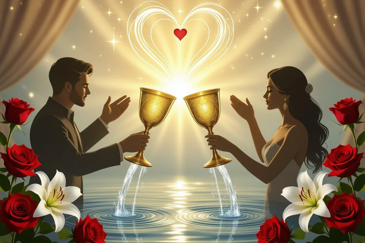 2オブカップタロットカードの象徴的なイメージ、愛と絆を表現した幻想的なアート