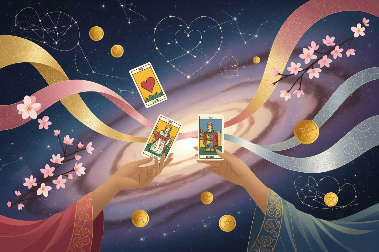 マイナーアルカナタロットカードと恋愛運命の抽象的な表現、宇宙的で幻想的なラブアート