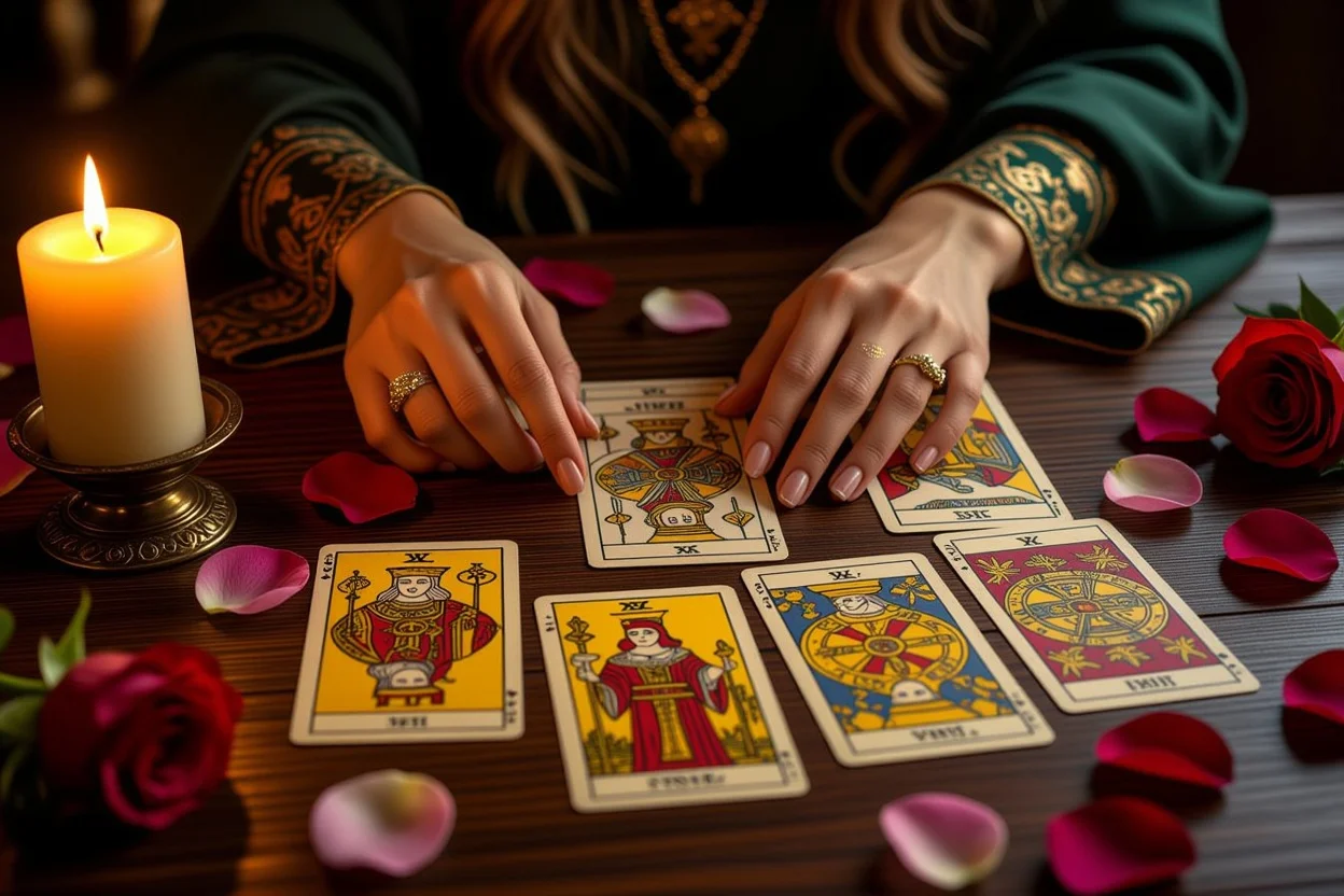 恋愛タロット占いでマイナーアルカナのカードを読む様子、現実的な恋愛相談
