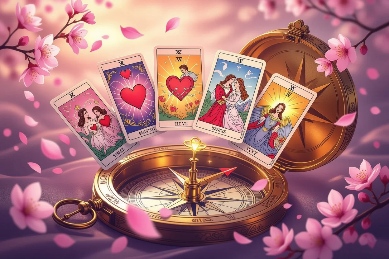 恋愛タロットカードと羅針盤の神秘的なイメージ - 恋の方向性を示すガイダンス