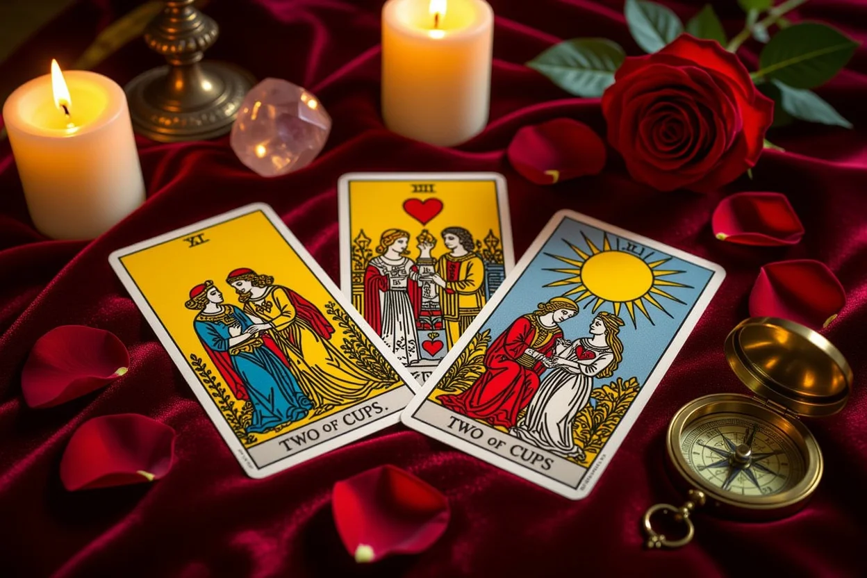 恋愛タロットカードのスプレッド、キャンドルとバラの花びらに囲まれた神秘的なロマンチックな雰囲気