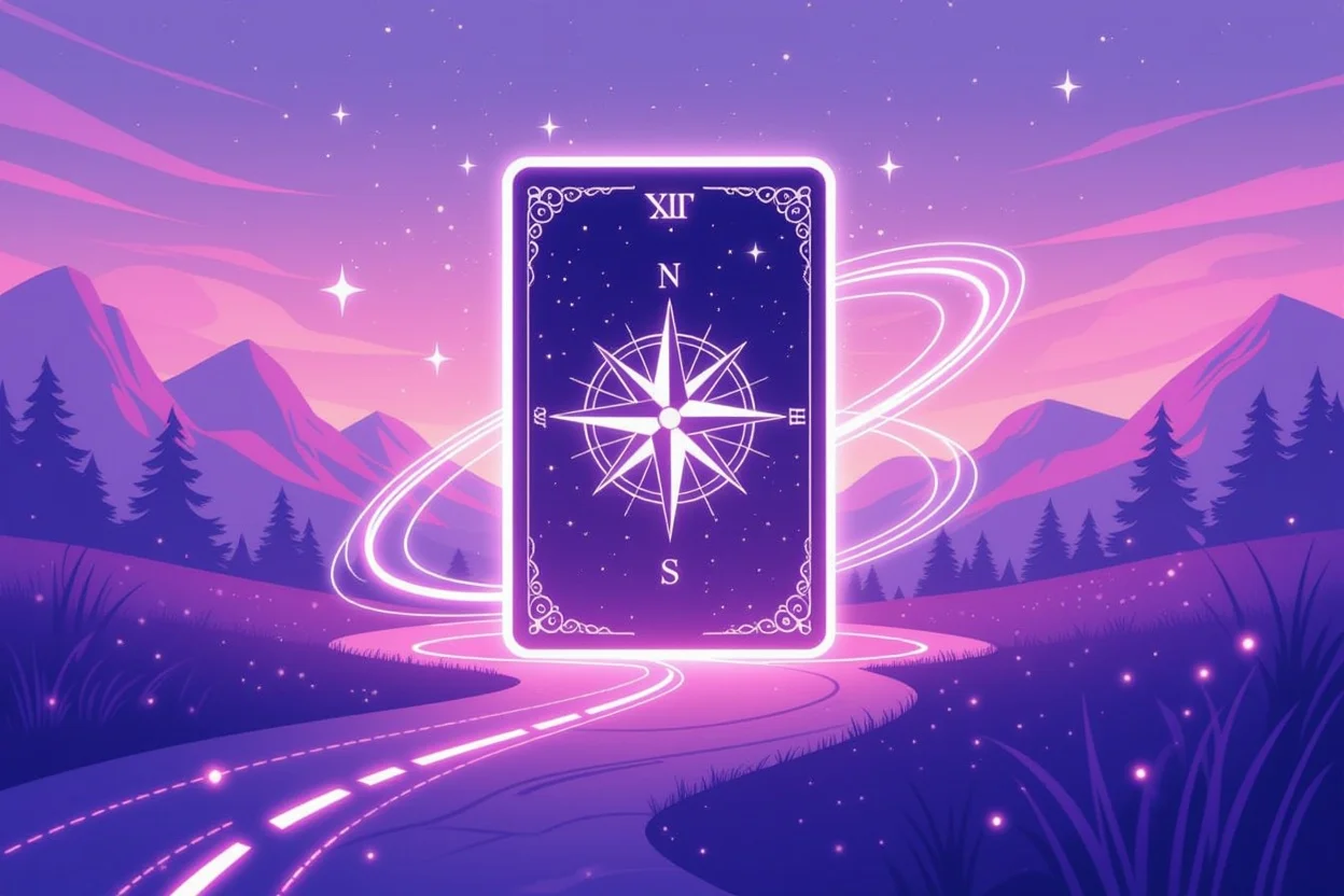 タロットカードが行動の羅針盤に変化する概念図、恋愛の道筋を示すエネルギーの流れ