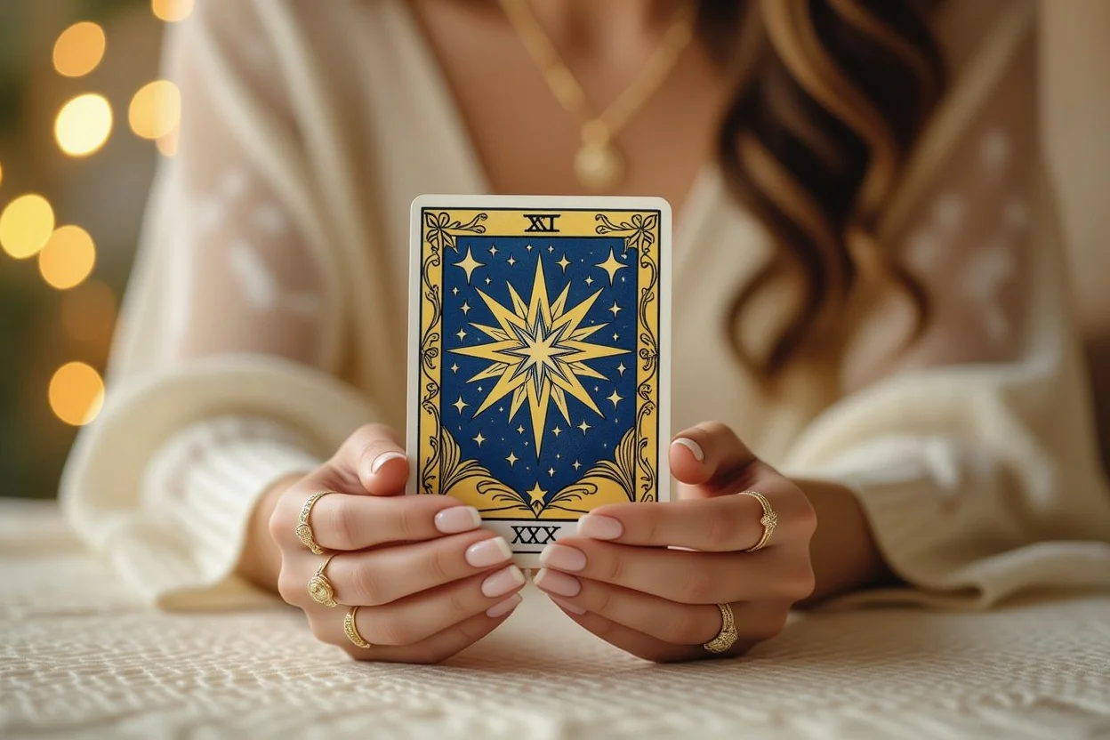 タロットカードを大切に持つ手、恋愛の導きとスピリチュアルなつながりを表現