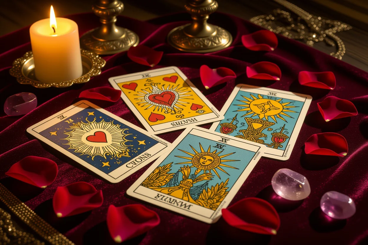 恋愛タロットカード占いの神秘的なシーン、ろうそくの光とバラの花びらに囲まれた美しいカード