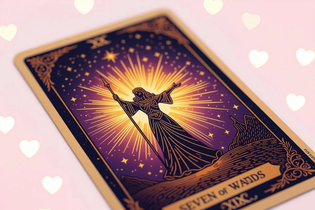 ワンドの7のタロットカード、恋愛における自己主張と境界線を表現する神秘的な光