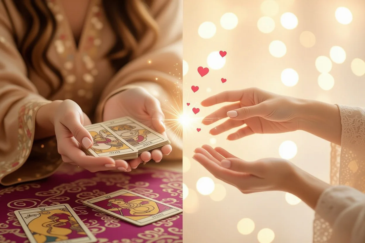 タロットカードから現実の恋愛行動への変化を表現した二分割構成のアート