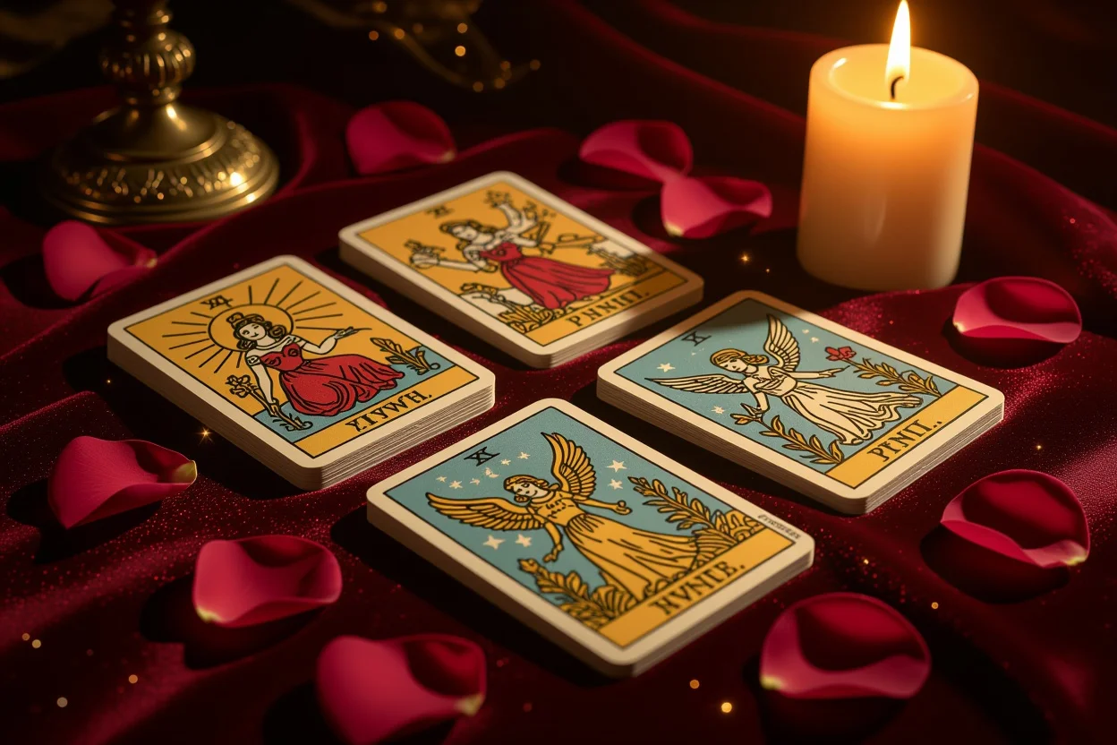 恋愛タロット占いのマイナーアルカナカードスプレッド、ロマンチックな雰囲気でライトアップされた神秘的なタロットカード
