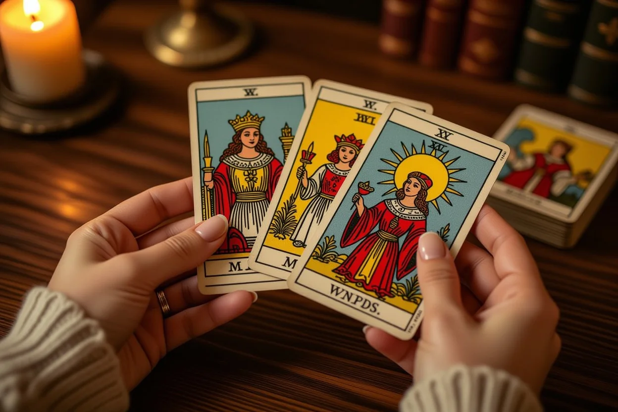 マイナーアルカナのカップとワンドのスートを持つ手、恋愛関係を表すタロットカードの詳細な占いシーン