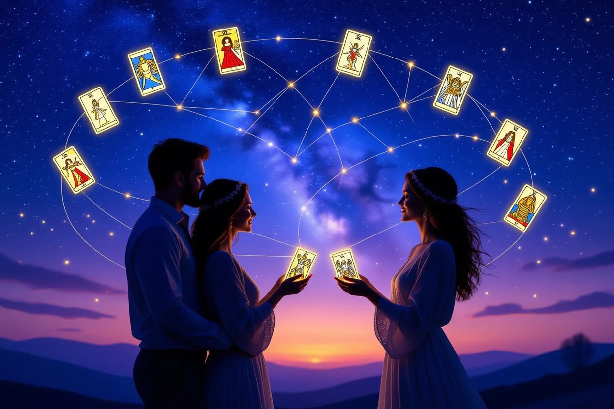 恋愛関係の深層を表現した神秘的なカップルのシルエットと浮遊するタロットカード、星空背景の幻想的な占い画像