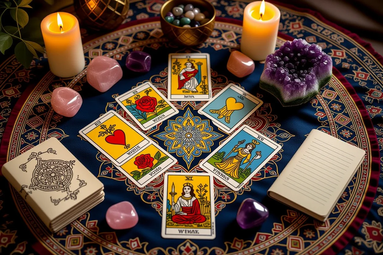 プロの恋愛タロット占いセッション、マイナーアルカナを使った関係性診断のための専門的なカードスプレッド配置
