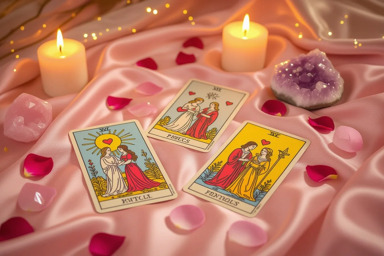 恋愛タロット占いのマイナーアルカナカードとローズクォーツの美しいスプレッド