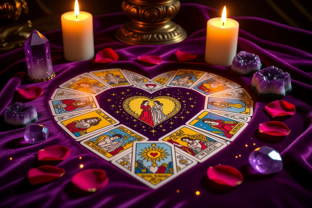 恋愛タロット占いのカードスプレッド、キャンドルとバラの花びらに囲まれた神秘的な占いシーン