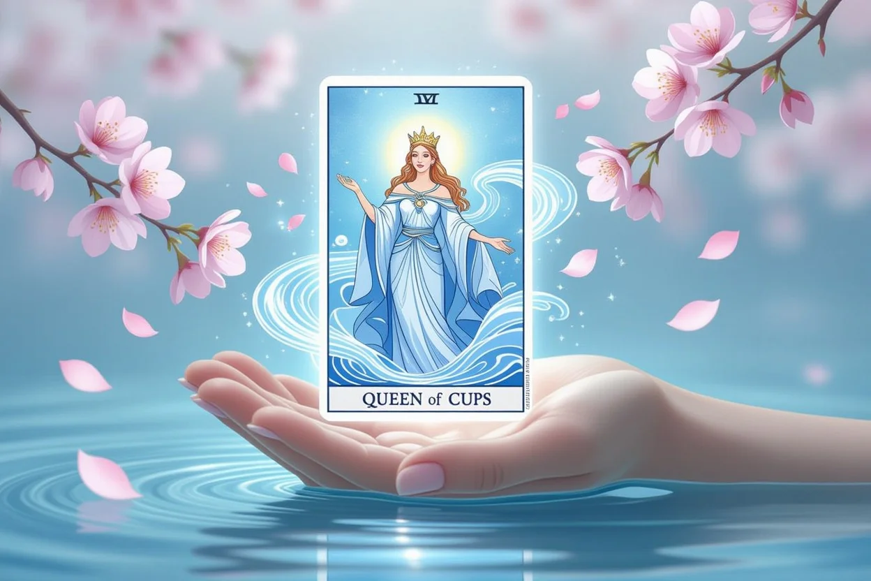 カップのクイーンタロットカード、恋愛における感情と直感を表す神秘的なイメージ