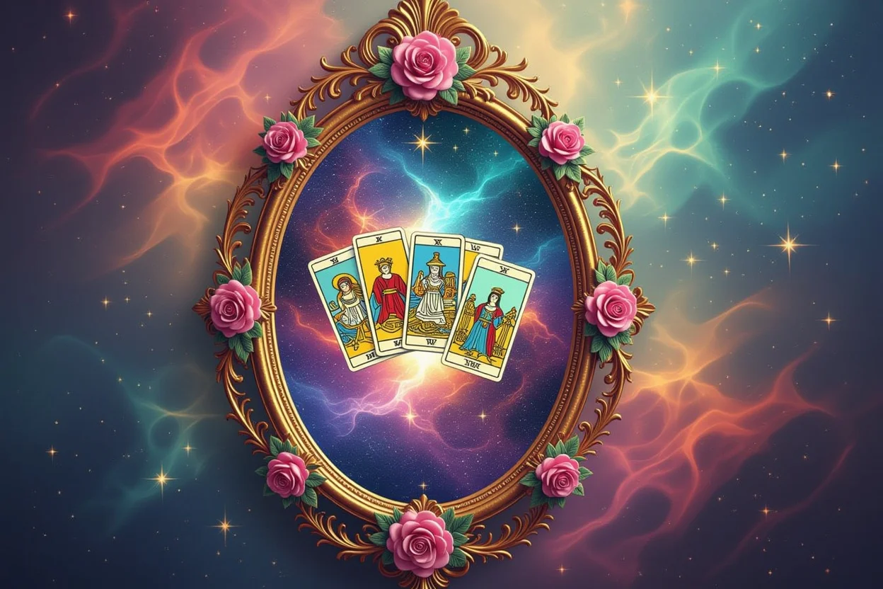 タロットカードが映る魔法の鏡、内なる声と自己発見を象徴する恋愛占いイメージ