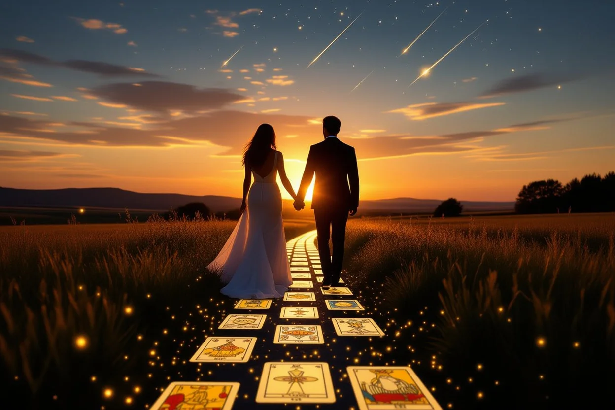 運命の愛に導かれるカップル、タロットカードが光の道を作る恋愛成就のイメージ