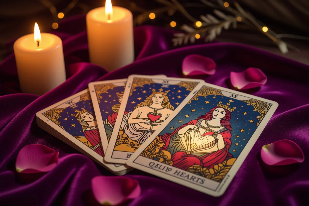 恋愛タロットカードと薔薇の花びら、神秘的なキャンドルライトの中でのタロット占い