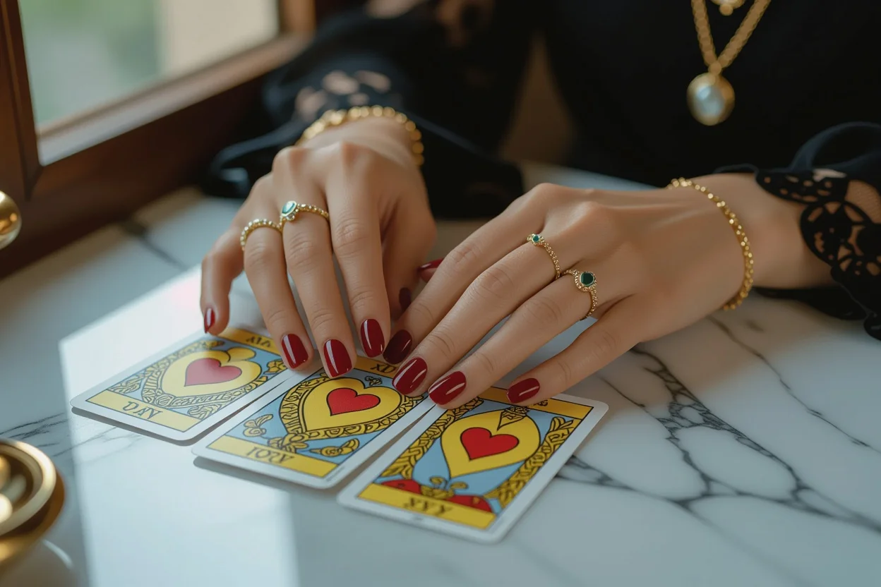 女性の手とタロットカード、恋愛の悩みを占う神秘的なシーン