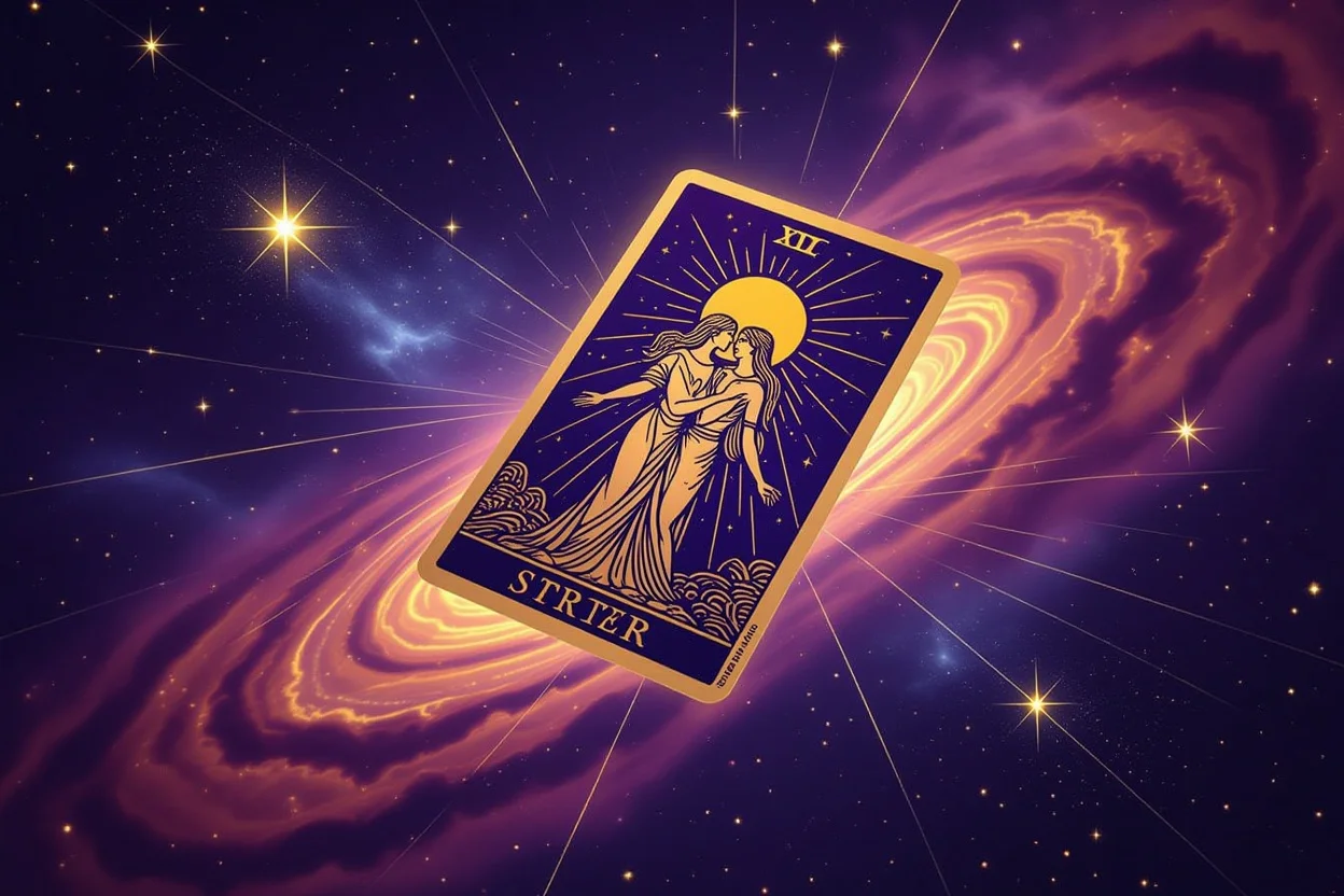 恋人のタロットカードと宇宙、運命の恋愛を示す神秘的な占いイメージ