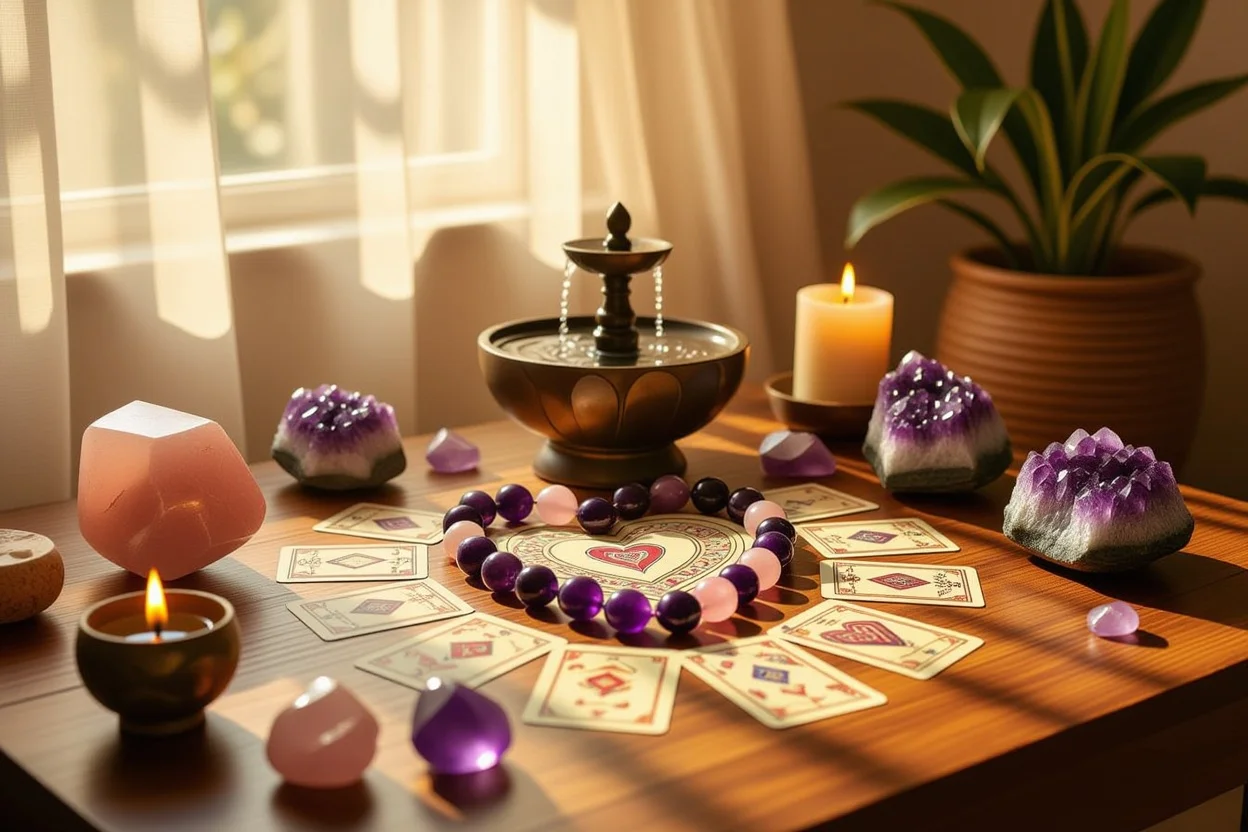 パワーストーンとタロットカードの神聖な占い空間、恋愛運アップの開運グッズ