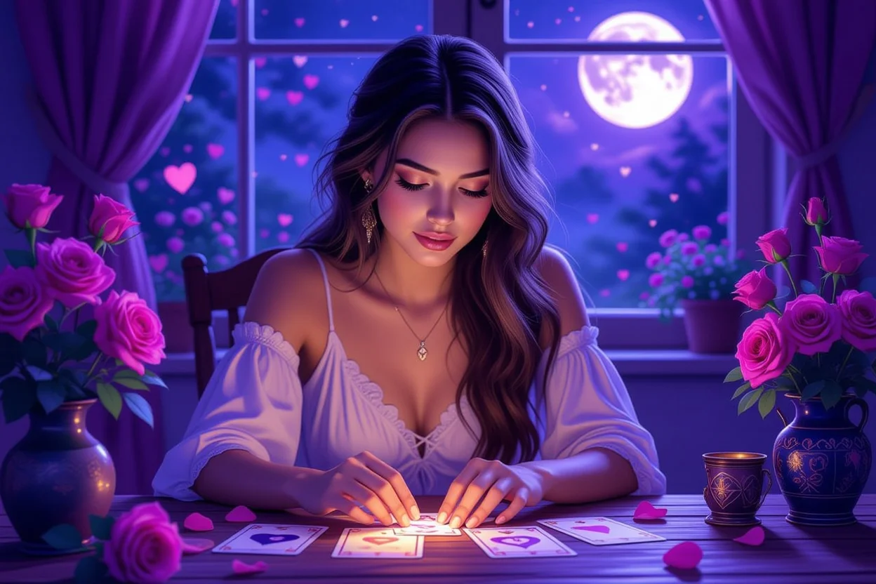 恋愛の悩みをタロットカードで占う女性の神秘的なシーン
