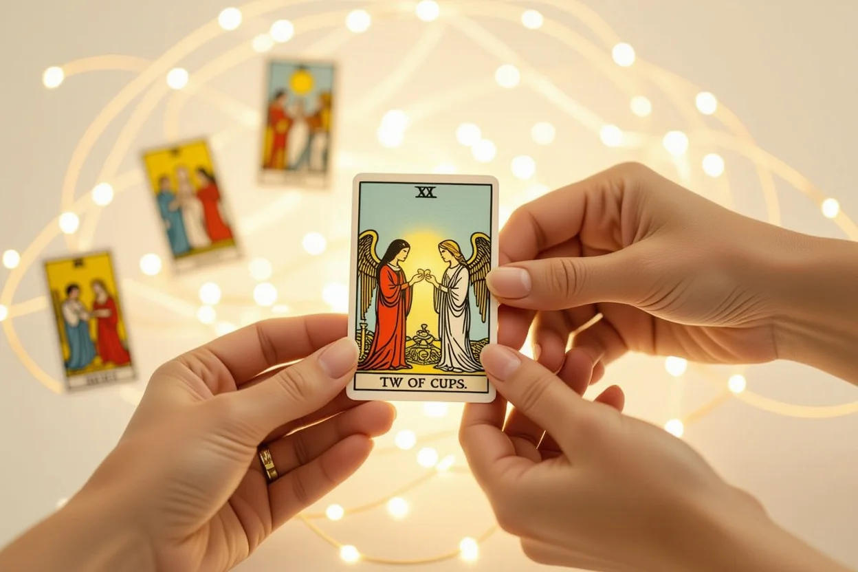 成熟した恋愛関係と真の絆を象徴するタロットカードと手