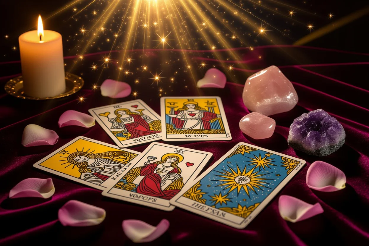 恋愛タロットカードと薔薇の花びら、キャンドルライトに照らされた神秘的なタロット占い