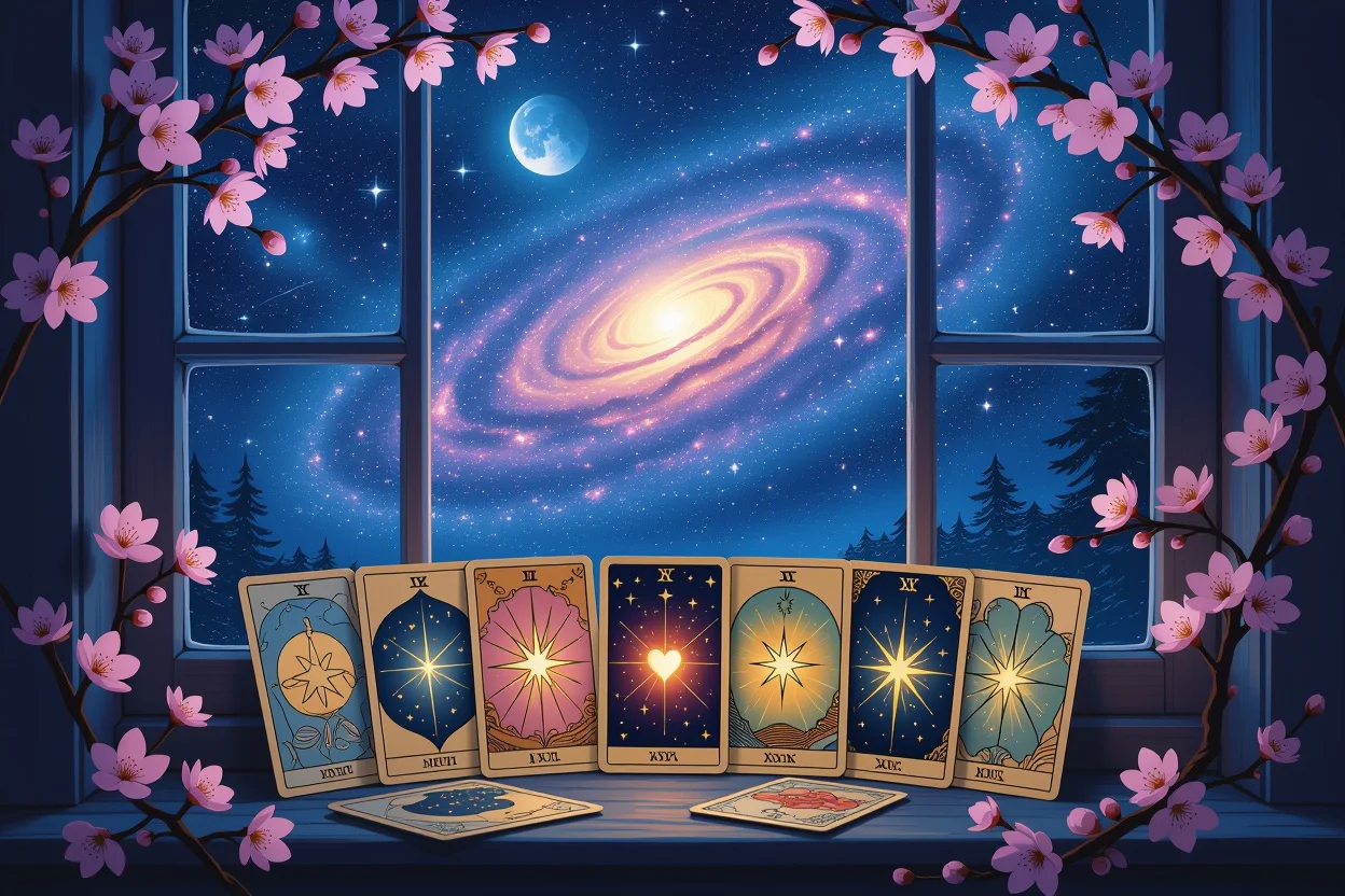宇宙のエネルギーと恋愛運を高めるタロットカード、月夜に輝く神秘的な占い