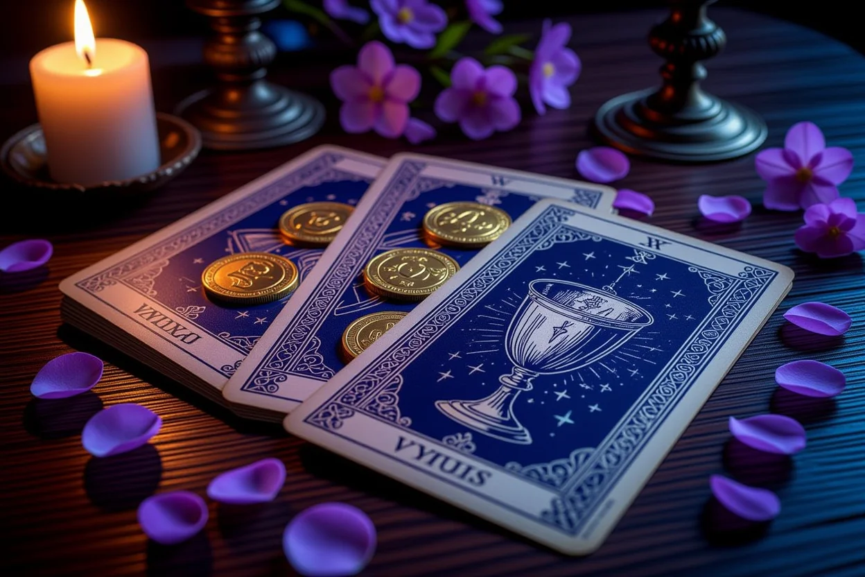 恋愛タロット占いのマイナーアルカナ逆位置カード・ペンタクルとカップの神秘的なスプレッド