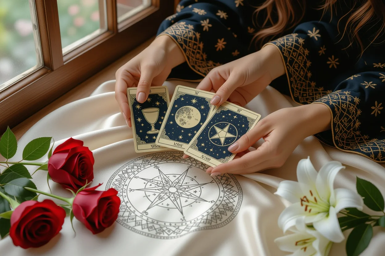 恋愛の停滞と課題を読み解くタロットカード占いの神秘的なシーン