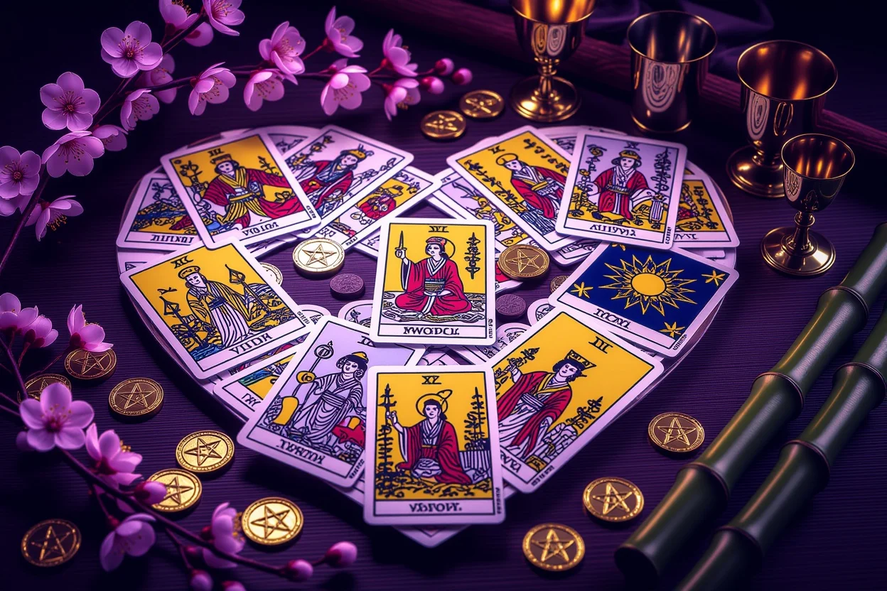 困難な恋愛現実を乗り越えるタロット占いの芸術的な構図・日本的要素を含む