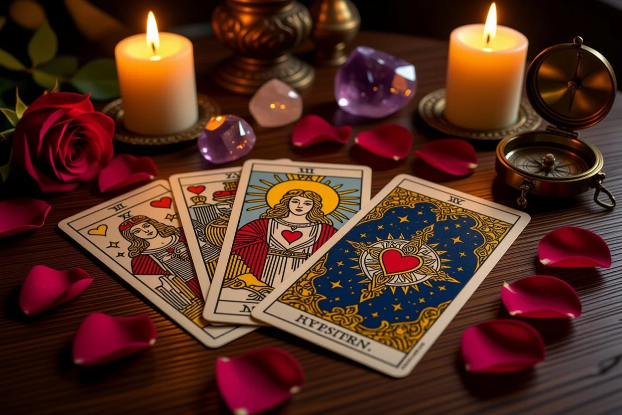 恋愛タロット占いのカードスプレッド、恋人のカードと薔薇の花びら