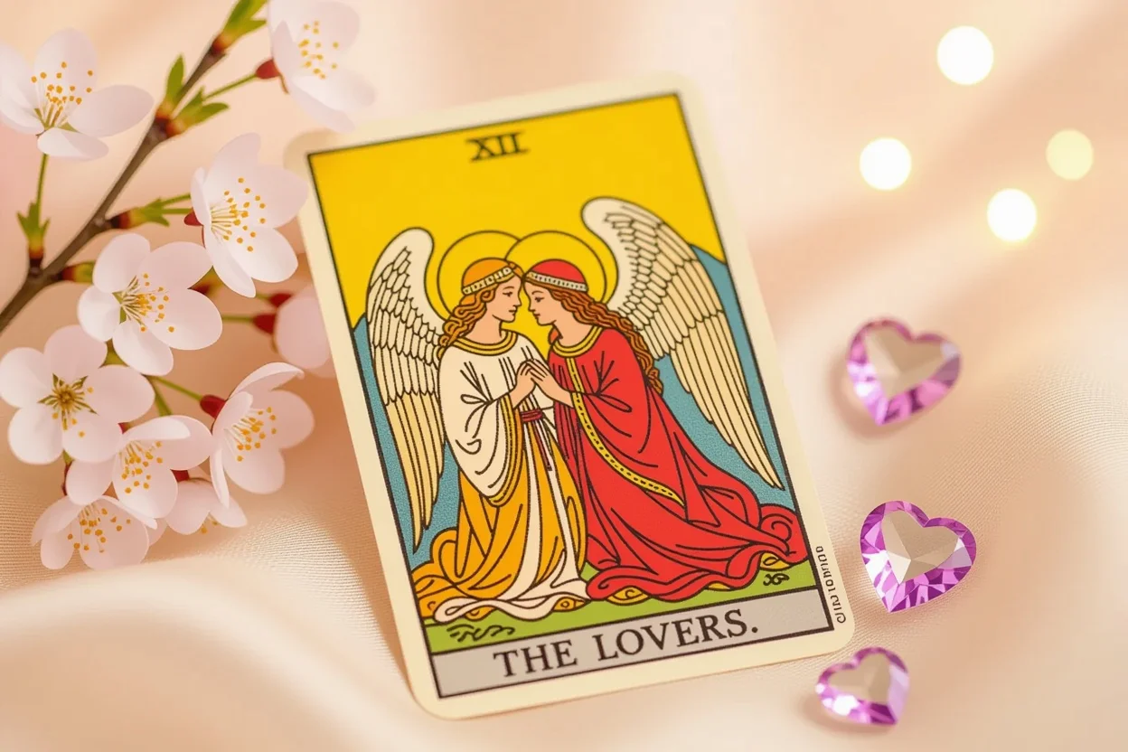 恋人のタロットカード、桜の花びらとクリスタルに囲まれた神秘的な雰囲気