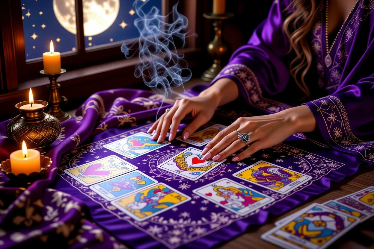 恋愛タロット占いを行う手、月光の下でのカードリーディング