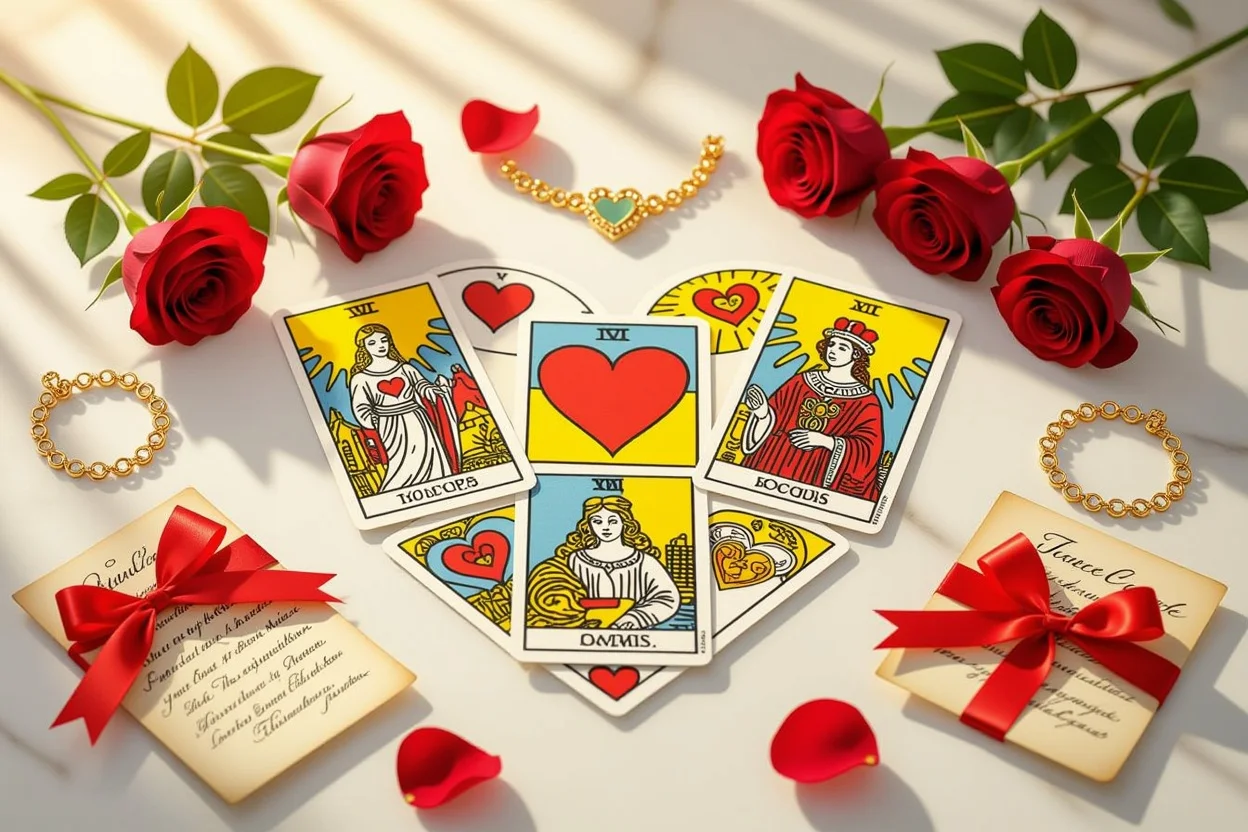 ハート型に並べられた恋愛タロットカード、薔薇とラブレターの装飾