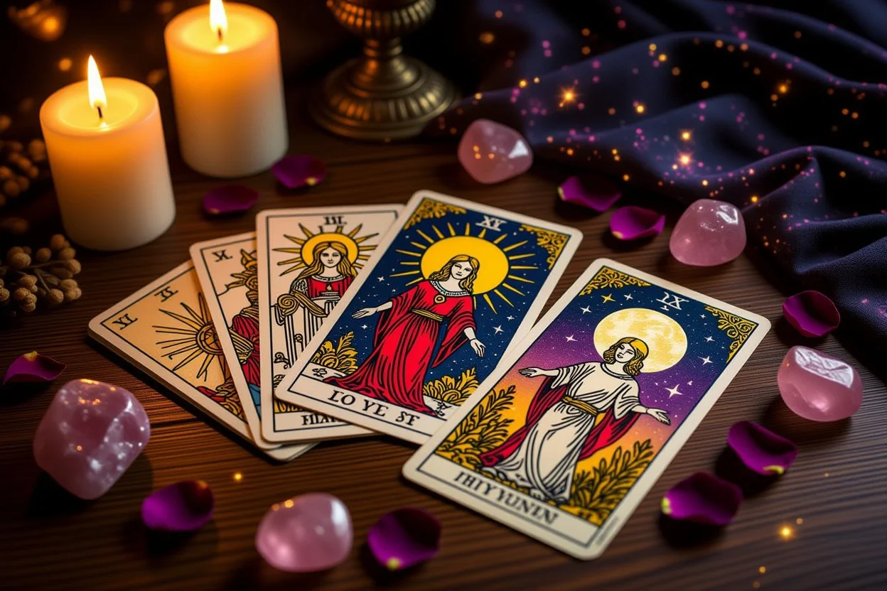 恋愛タロット占いのカードスプレッド、宇宙のエネルギーと愛の法則を表現した神秘的な画像