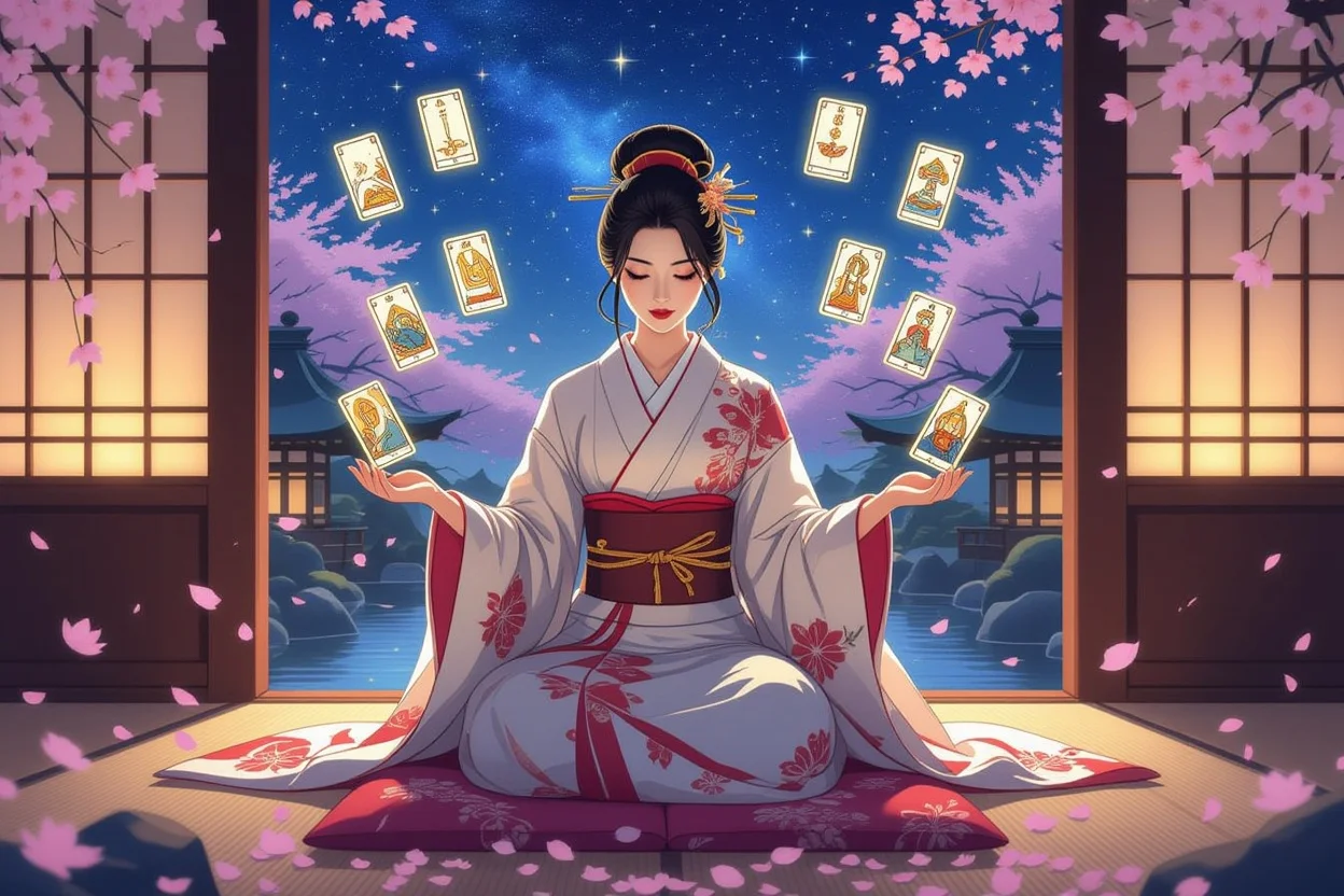 日本的な雰囲気の中でタロット占いをする女性、恋愛運と宇宙との繋がりを示すスピリチュアルな場面