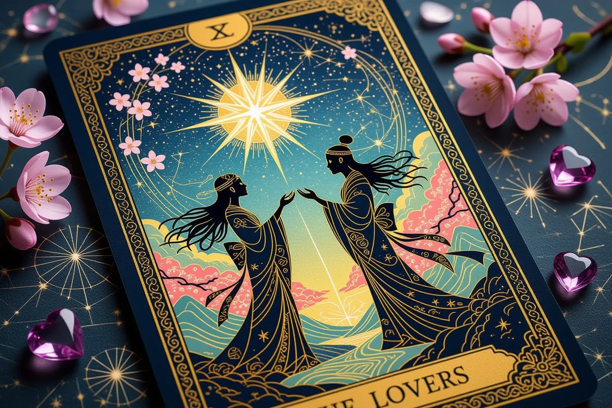 恋人のタロットカード、宇宙の愛の法則と運命的な出会いを象徴する美しいイラスト