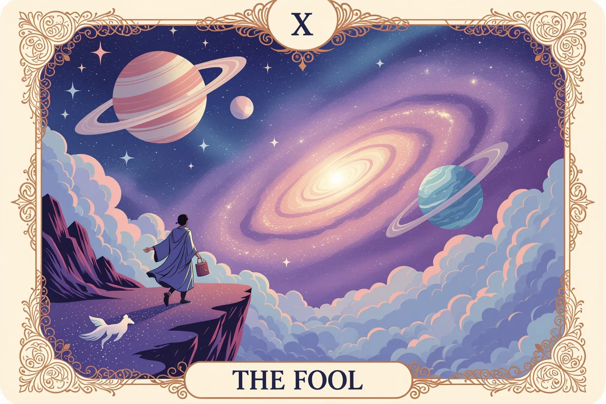 愚者のタロットカード、新しい恋愛の始まりと宇宙への信頼を表現した幻想的なアートワーク