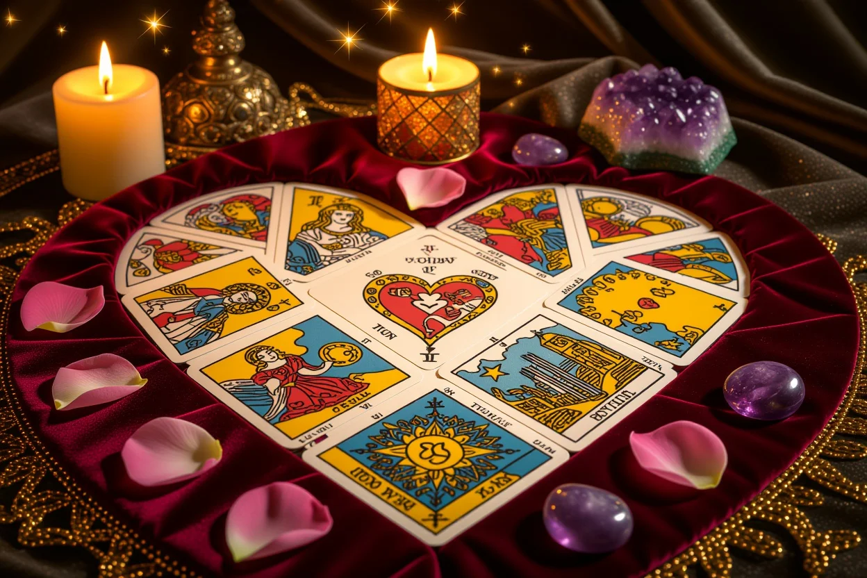 恋愛タロットカードの神秘的なスプレッド配置、運命を変える占い術のイメージ