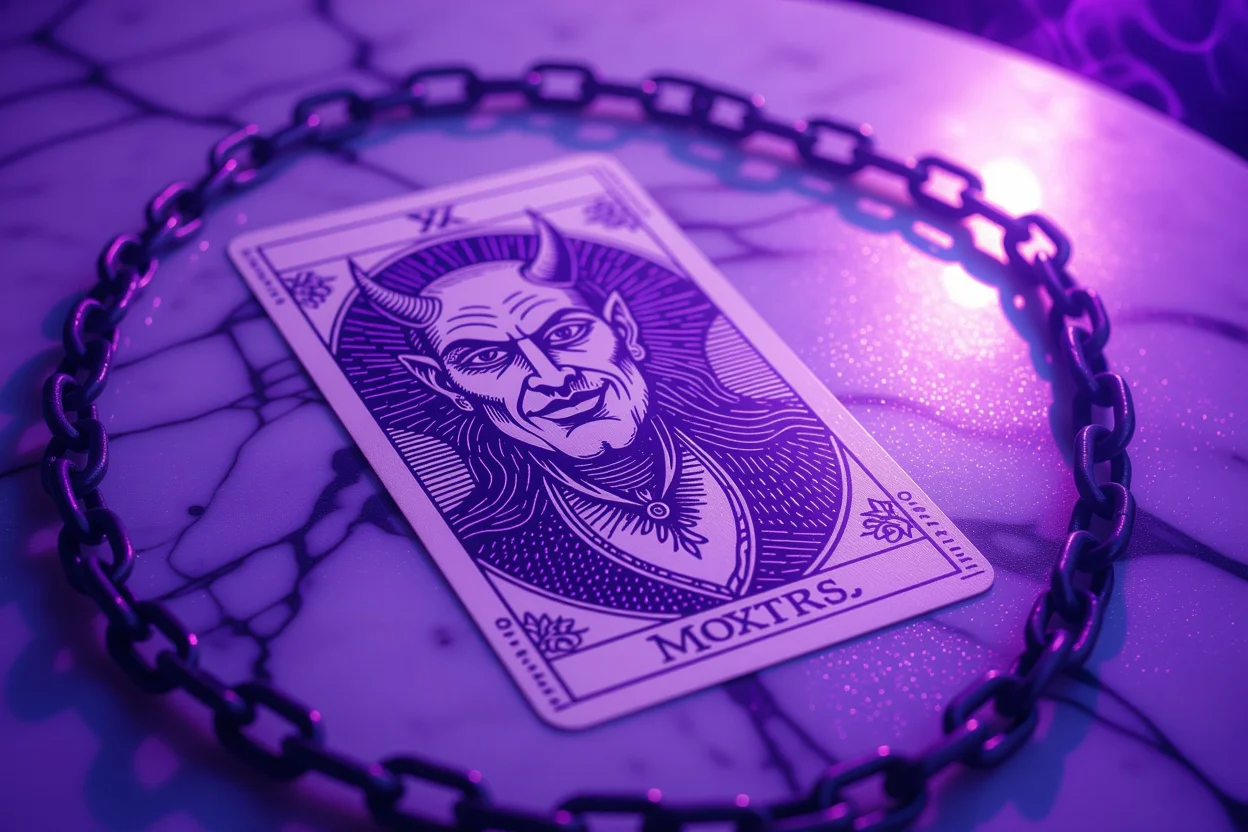悪魔のタロットカードと解放を象徴する切れた鎖、隠れたブロックからの自由