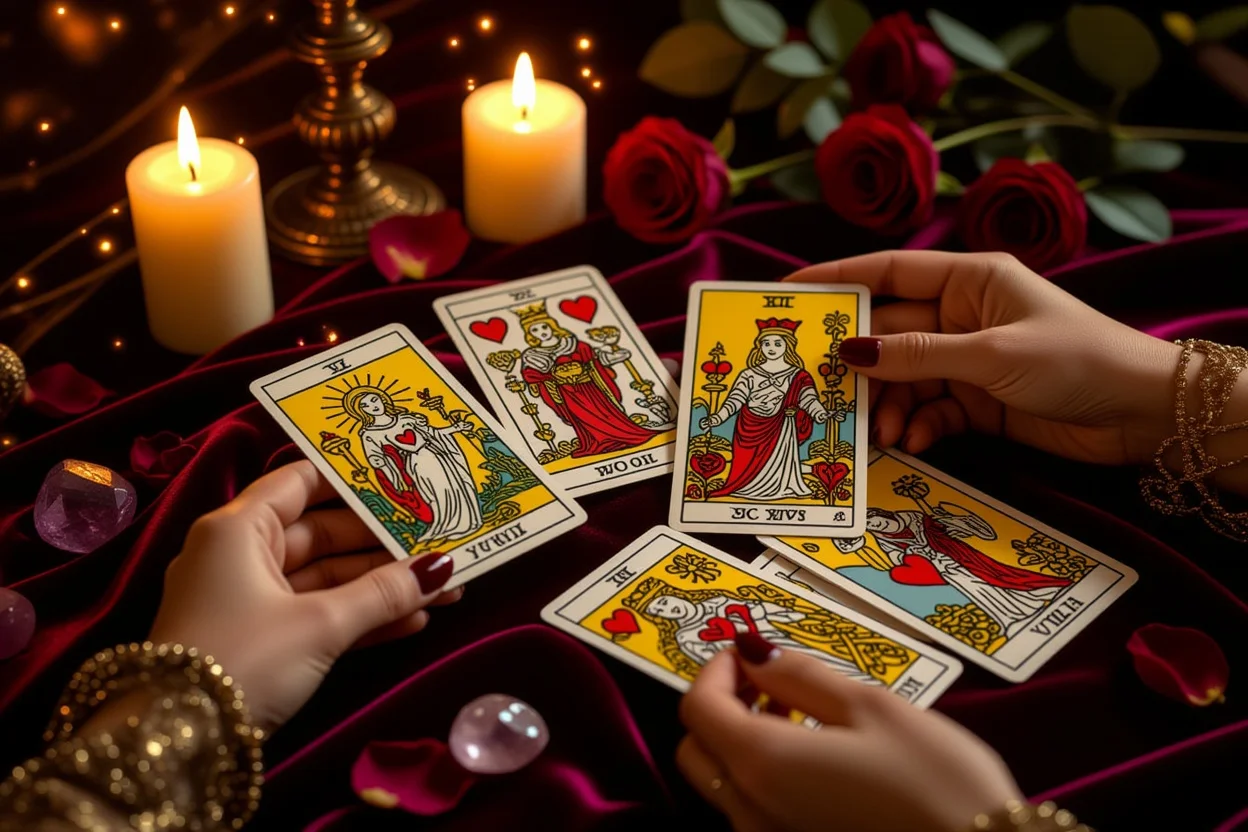 恋愛タロット占いのロマンチックな雰囲気のカードリーディング風景
