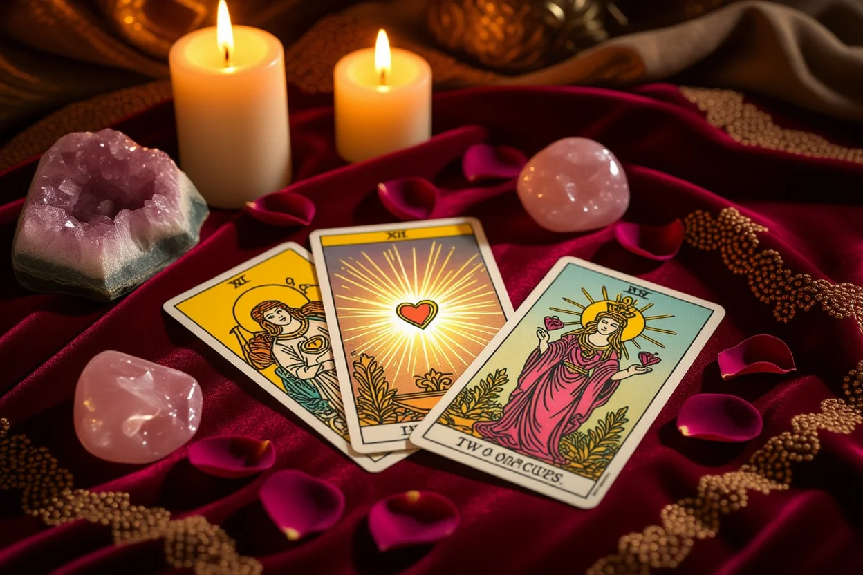 恋愛タロットカードと薔薇の花びら、キャンドルの神秘的な占いシーン