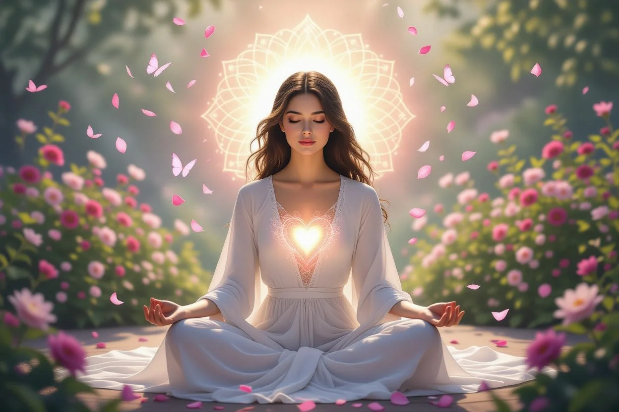 内なる魅力を開花させる瞑想する女性と光のオーラ