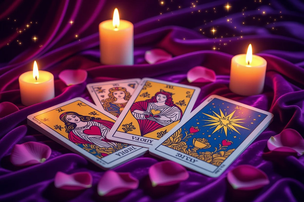 恋愛タロットカードで運命の人との出会いを占う神秘的なシーン
