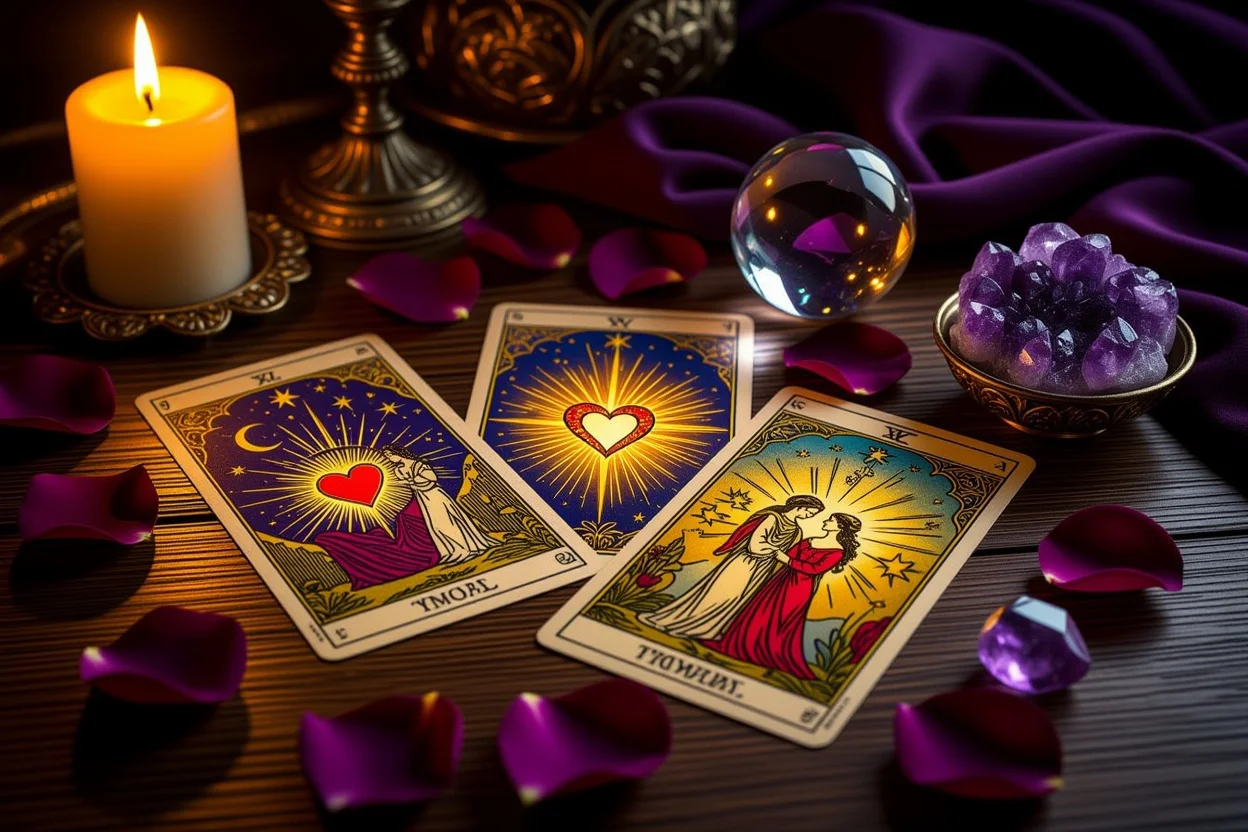 恋愛タロット占いのカードスプレッド、キャンドルライトとバラの花びらに囲まれた神秘的な雰囲気